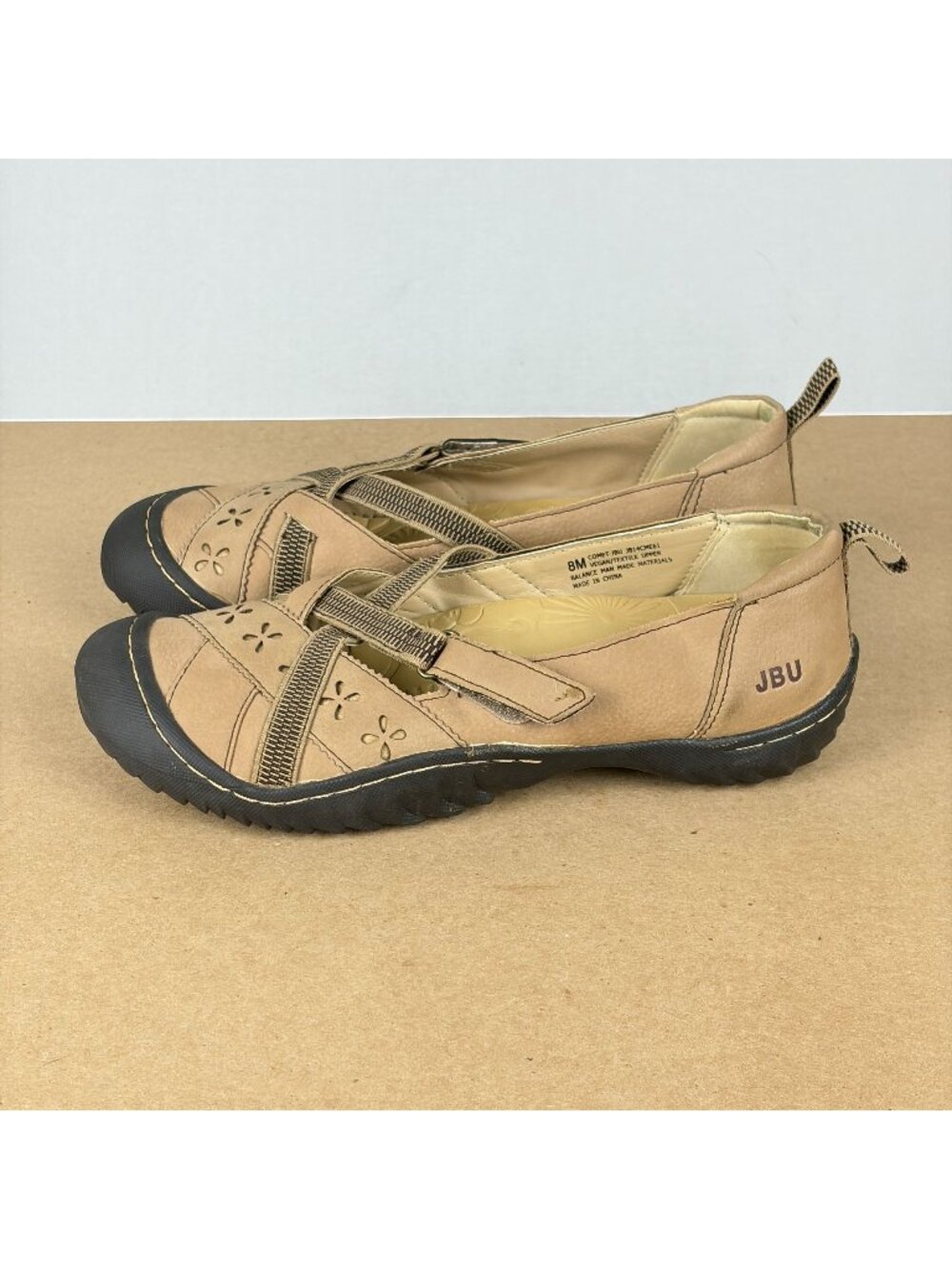 Jambu JBU Comet Vegan Leather Flats Womens 8 Tan Black Hook and Loop Comfort